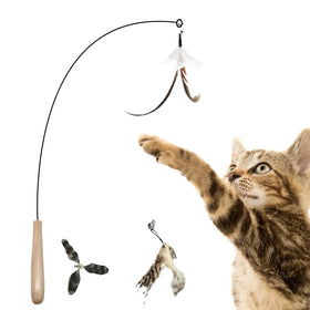 Eco-Friendly Wooden Handle Funny Cat Feather Stick Set Toy