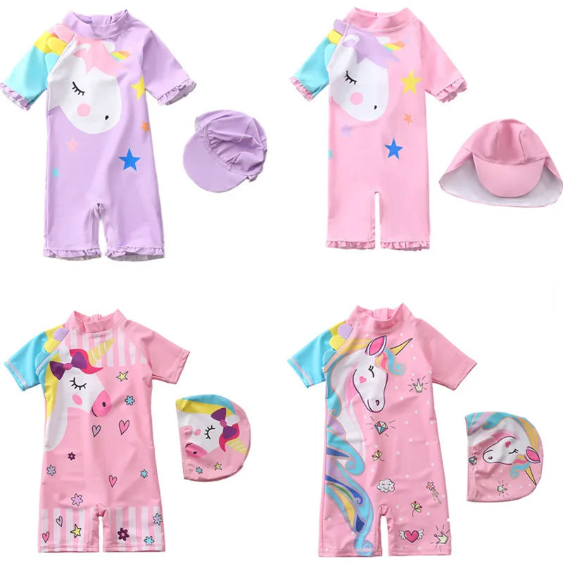 One Piece Swimsuit Long Sleeved Purple Swimwear Baby Girl Princess Bathing Suit With Hat Baby Swimwear