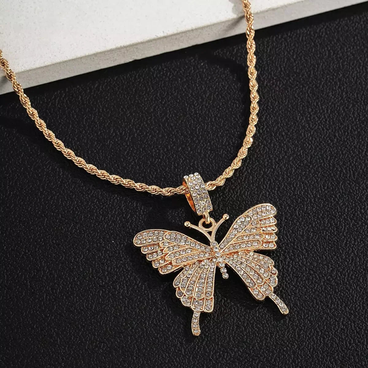 SHIXIN Bohemia Twist Rope Chain Iced Out Jewelry Big Butterfly Necklace Women CZ Bling Bling Shiny Butterfly Shape Necklace