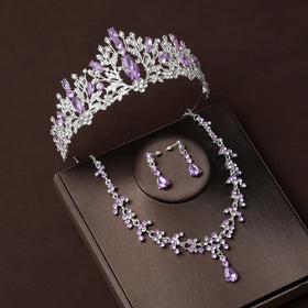 Bride Headwear Crown Purple Diamond Wedding Dress Hair Accessories Korean Luxury Grand Necklace Earrings Three Piece Set