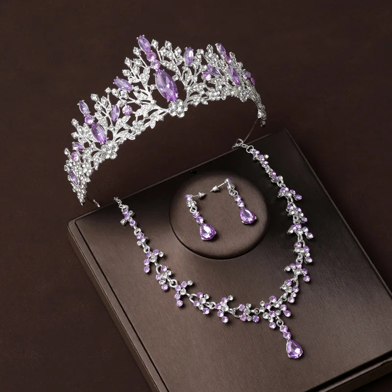 Bride Headwear Crown Purple Diamond Wedding Dress Hair Accessories Korean Luxury Grand Necklace Earrings Three Piece Set