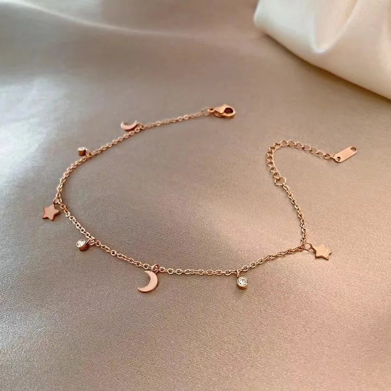 Temperament Adjustable Long Chain Bracelets 18K Gold Plated Stainless Steel Shiny Zircon Inlay Moon Star Bracelets