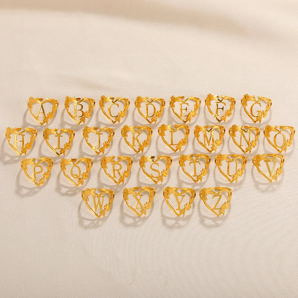18k Gold Plate Stainless Steel A-Z Letter Adjustable Open Alphabet Rings for Woman