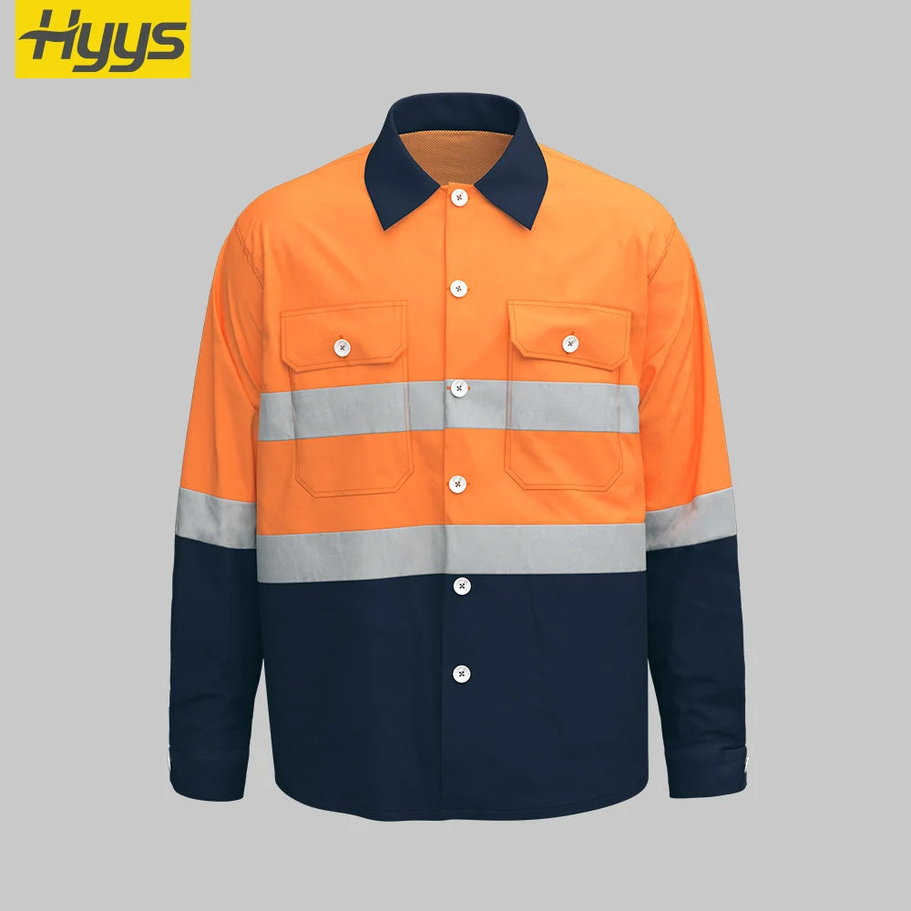 Men's High Visibility Durable Reflective Safety Suit 100% Cotton Work Wear Long Sleeve Air Vent Jacket Breathable Workwear Shirt