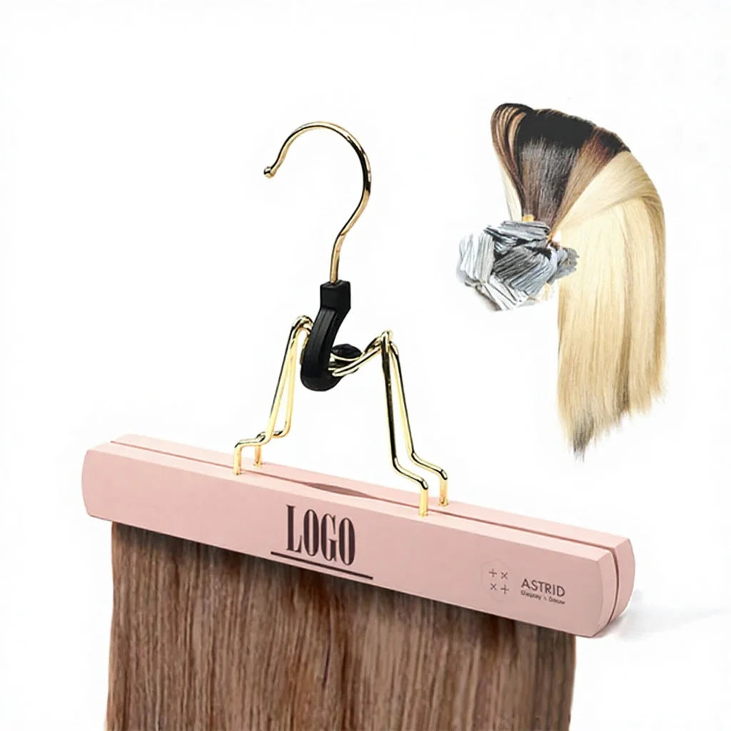 Astrid 23 CM Pink Luxury Wood Storage Holders Custom Logo Wig Bag Hair Extension Hanger Space Saving Single Tier Salon Wardrobe