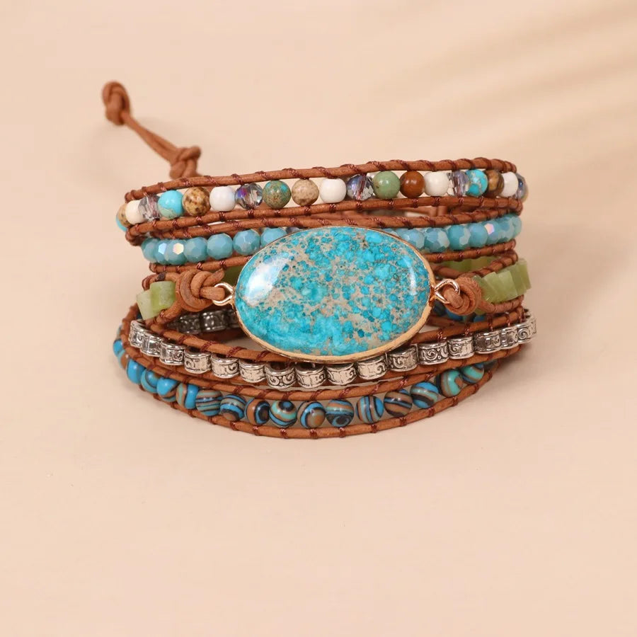 Bohemian Handmade Imperial Stone Multilayer Leather Wrap Malachite Bead Bracelet SKB006