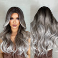 Factory Shipment Long Ombre Brown Gray Wig for Women Middle Part Wavy Synthetic Wigs High Temperature Hair