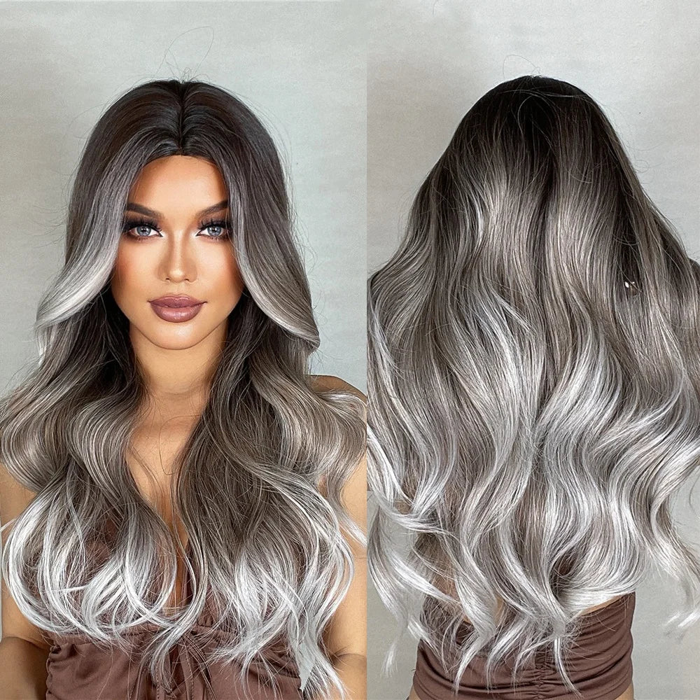 Factory Shipment Long Ombre Brown Gray Wig for Women Middle Part Wavy Synthetic Wigs High Temperature Hair
