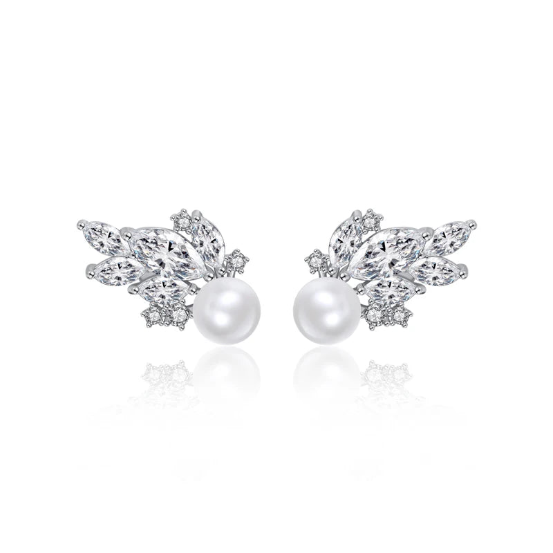 LUOTEEMI Korean Style Flower Stud Gold Plated Pearl Earring with Shiny CZ Zircon for Bridal Wedding