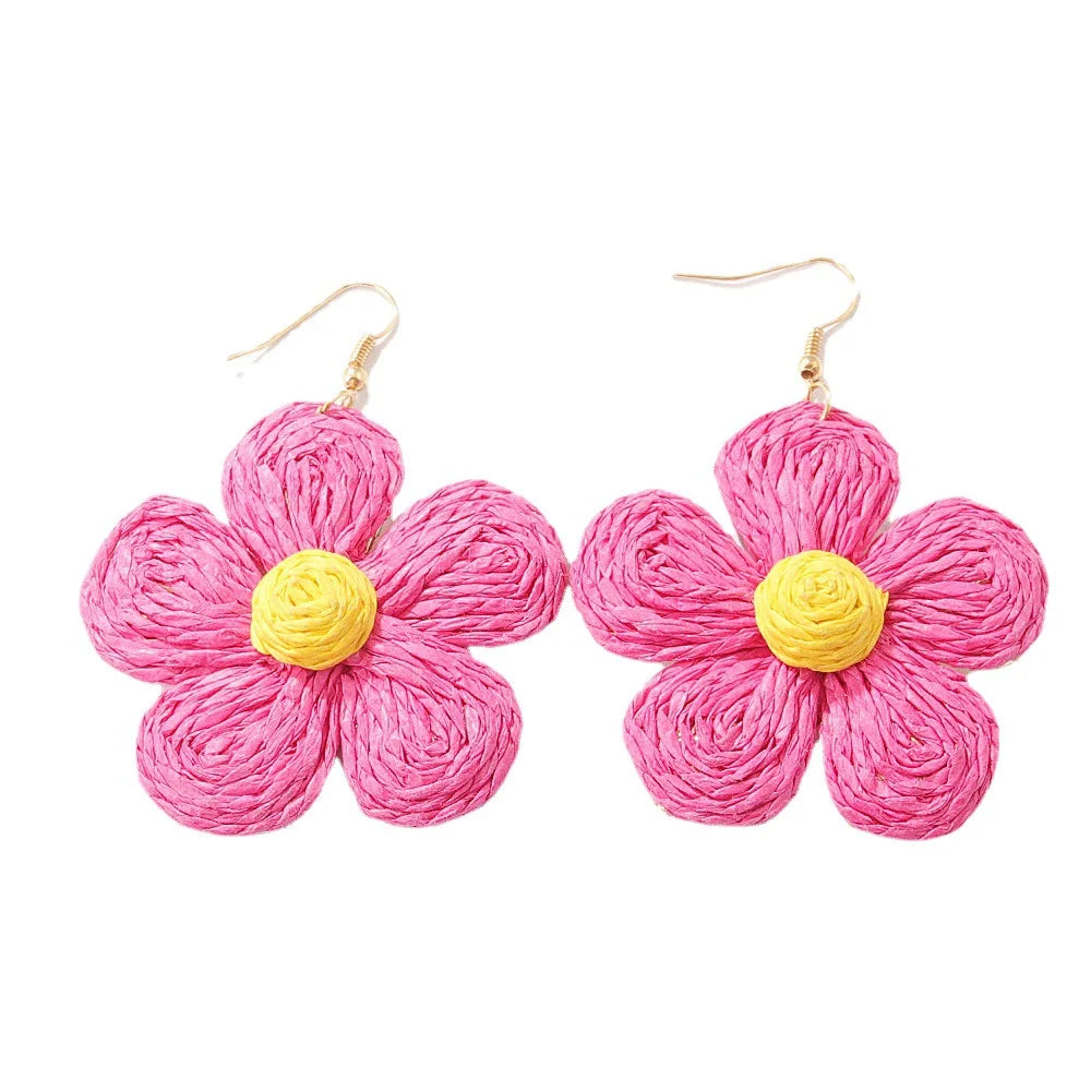 New Boho Raffia Straw Wrapped Flower Drop Dangle Earrings Gold Plated Hoop Earrings for Women Inspired by Bohemia Style