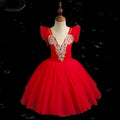 Girls' Performance Practice Tutu Skirt Halter Tulle Pompadour Dance Dress Red