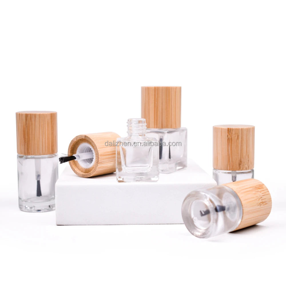 Custom Desgin Round Shape Clear Black  Glass Nail Polish Bottle With Brush and Bamboo Cap