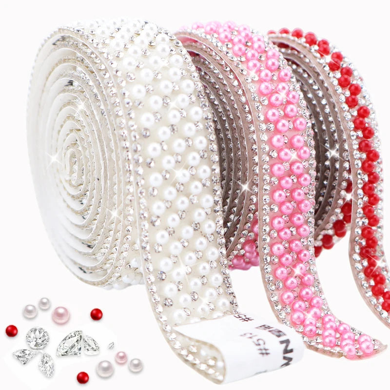 Fashion 3mm Pearl Rhinestone Ribbon Self-Adhesive Crystal AB Rhinestone Applique Roll for Nail Art Garment Shoes Decoration