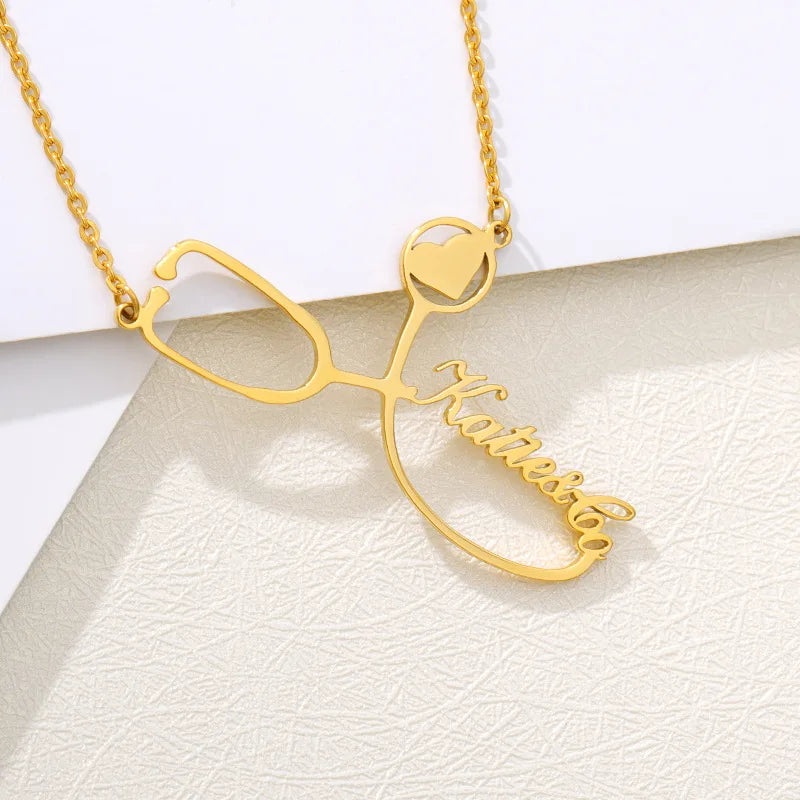 HOVANCI Fashion Design Gold Plated Stainless Steel Stethoscope Necklace Letter Heart Stethoscope Pendant Necklace for Girl