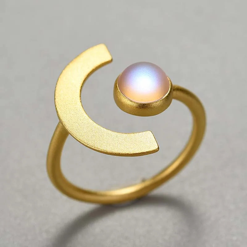 Lotus Fun Handmade Sterling Silver Adjustable Moon Shape Ring for Women Fine Jewelry for Women