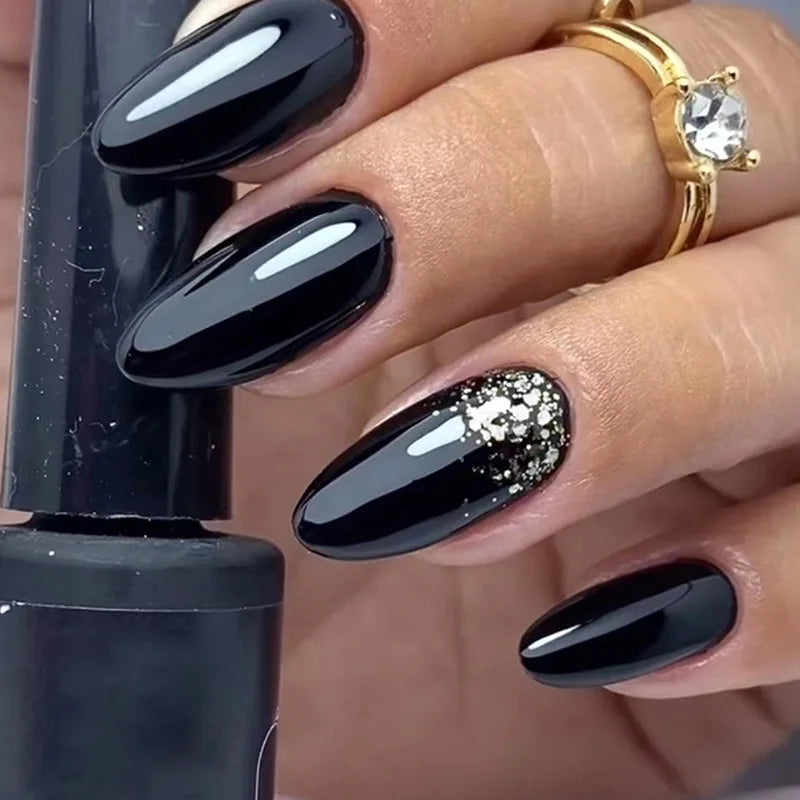 New Custom Design Luxury Medium Oval Silver Glitter Black Finger Nails Full Cover Artificial Art Press on Acrylic Nails Tips