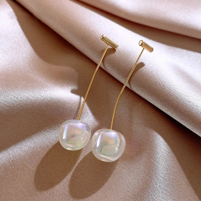 GT Creative Mermaid White Pearl Cherry Pearl Long Earrings Gold Plated Jewelry Women