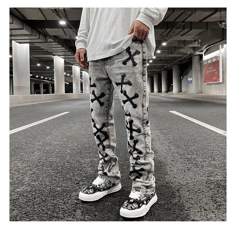 Custom Label Trousers for Men Drop Ship Boys Men Street Wear Bone Patch Stock Flare Jeans Men