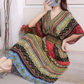 Women's Ethnic Style V-neck Cotton Silk Short Sleeved Thai Style Dress Women's Summer Printed Holiday Dress MegaBDM