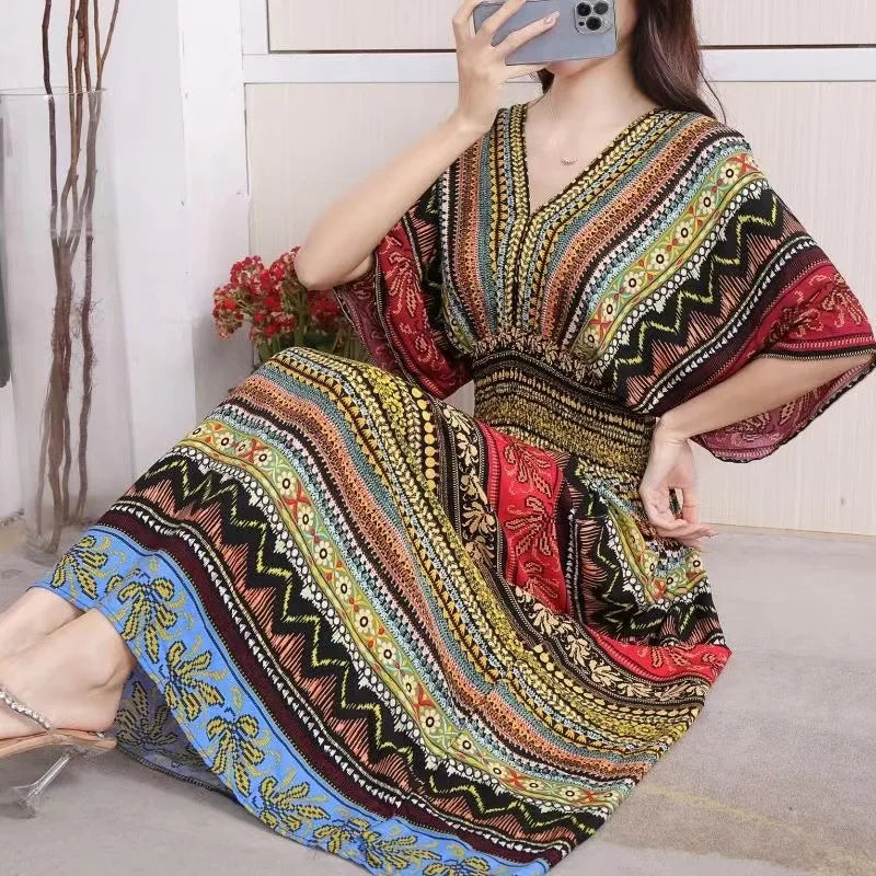 Women's Ethnic Style V-neck Cotton Silk Short Sleeved Thai Style Dress Women's Summer Printed Holiday Dress MegaBDM