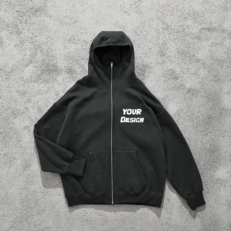 Wholesale OEM Mens Masked Zipper Hoodie Streetwear Solid Color Sweater Men Oversized Big Pocket Fleece Vintage Zipper Hoodies
