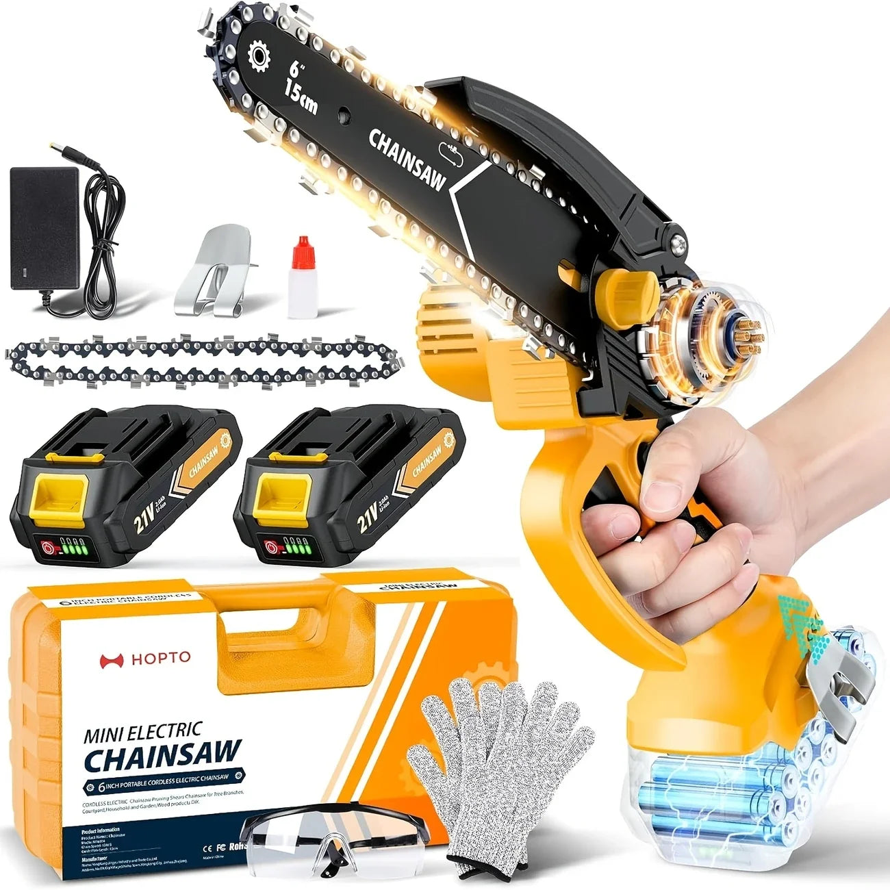 Cordless Mini Chainsaw with 2 Battery 6-Inch Lightweight & Portable Electric Chainsaw with Safety Guard for Tree Cutting Wood