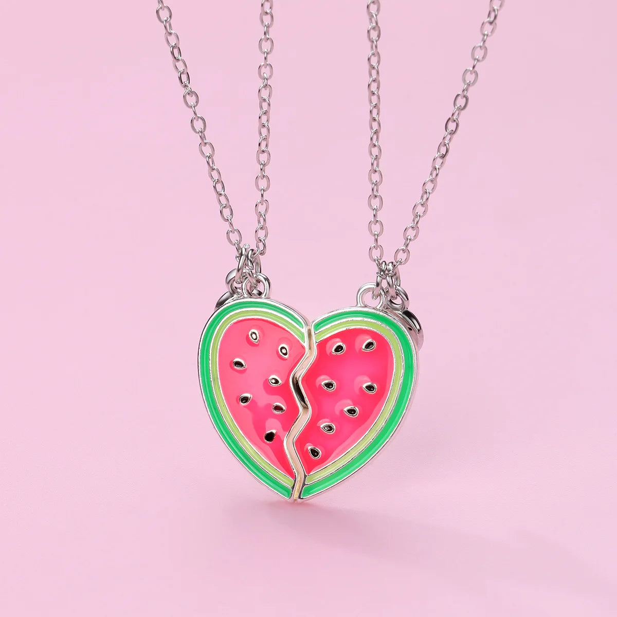 Magnetic Heart Puzzle Watermelon Charm Drip Oil Heart Pendent Necklace for Couples Best Friend Forever BFF Necklace for Kids