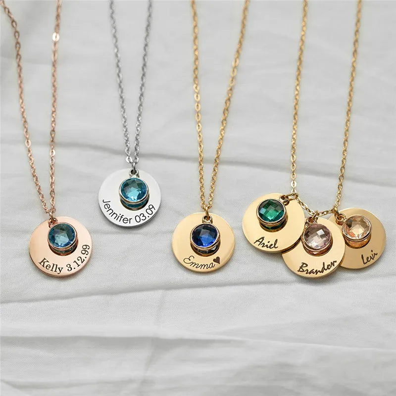Personalized Gift Stainless Steel 12 Birthstone Round Plate Disc DIY Engrave Name Necklace