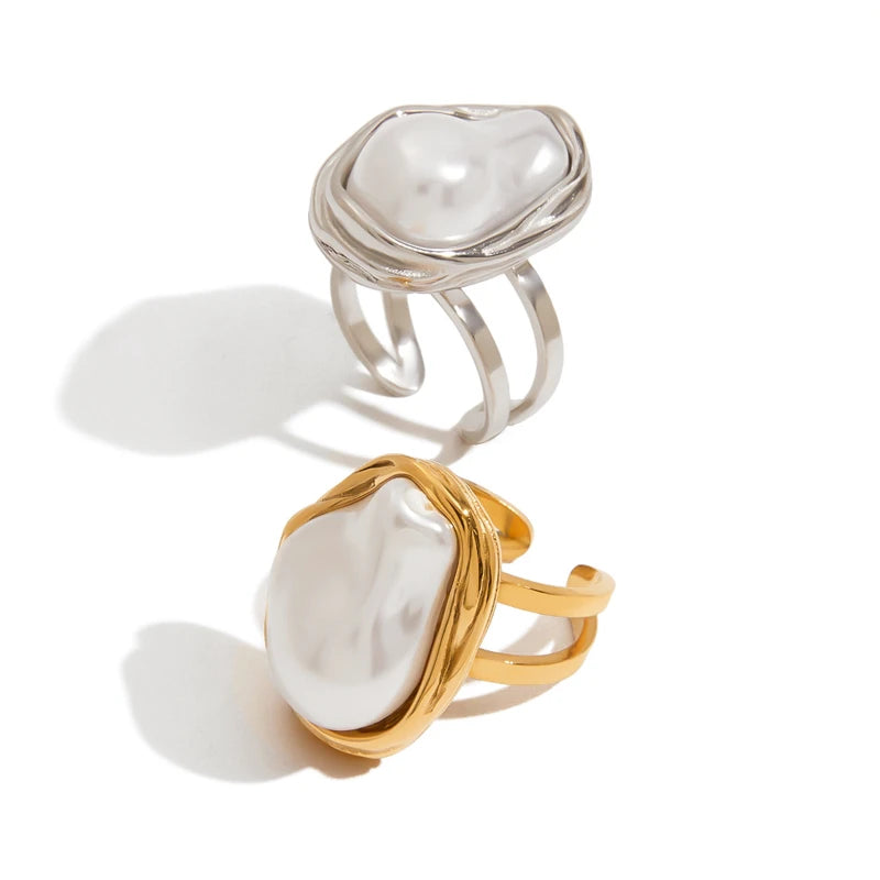 G4031 Wholesale Big Baroque Simulated Pearls Open Ring Stainless Steel 18k Gold Plated Adjustable Ring for Women Jewelry
