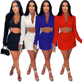 Wholesale Women v Neck Cropped Jackets Mini Skirts One Piece Dress Splicing Fashion Autumn Clothing Ladies