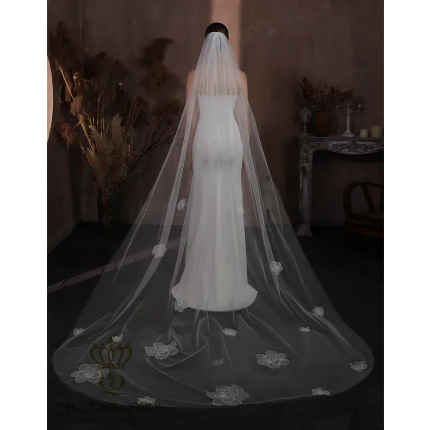 QUEENS GOWN Ivory One-Layer Simple Long Train Bridal Veils Flower Accessories for Bridal Wedding Dress