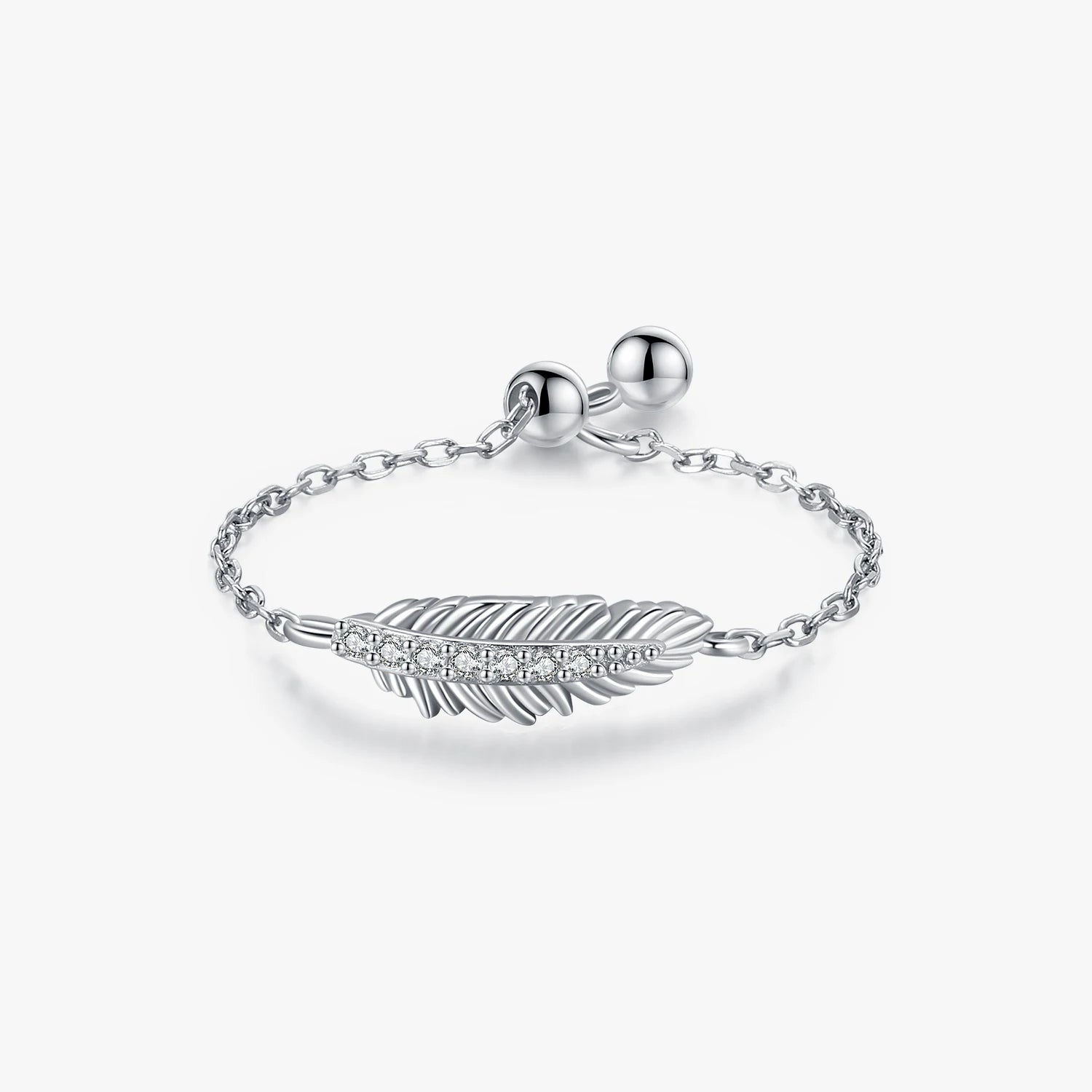 925 Sterling Silver Fine Jewelry Sparkling Simple Leaf Clear Cubic Zirconia Adjustable Link Chain Rings for Women