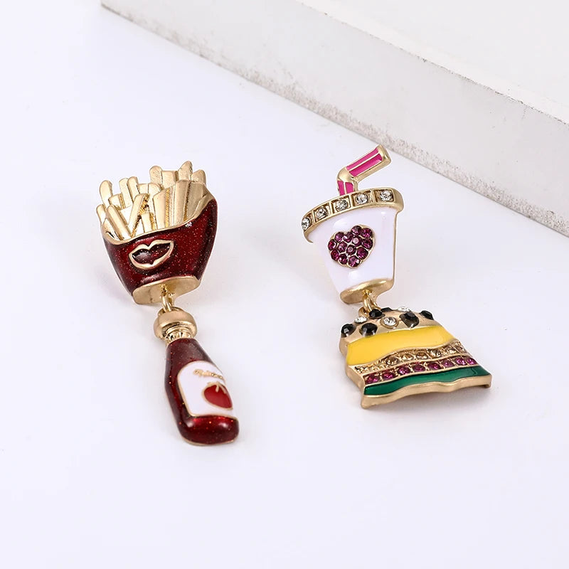 2023 Fashion Jewelry Gold Plated Cola Soda Shape Earrings Drip Oil Hamburg Fries Shaped Stud Earrings for Girl