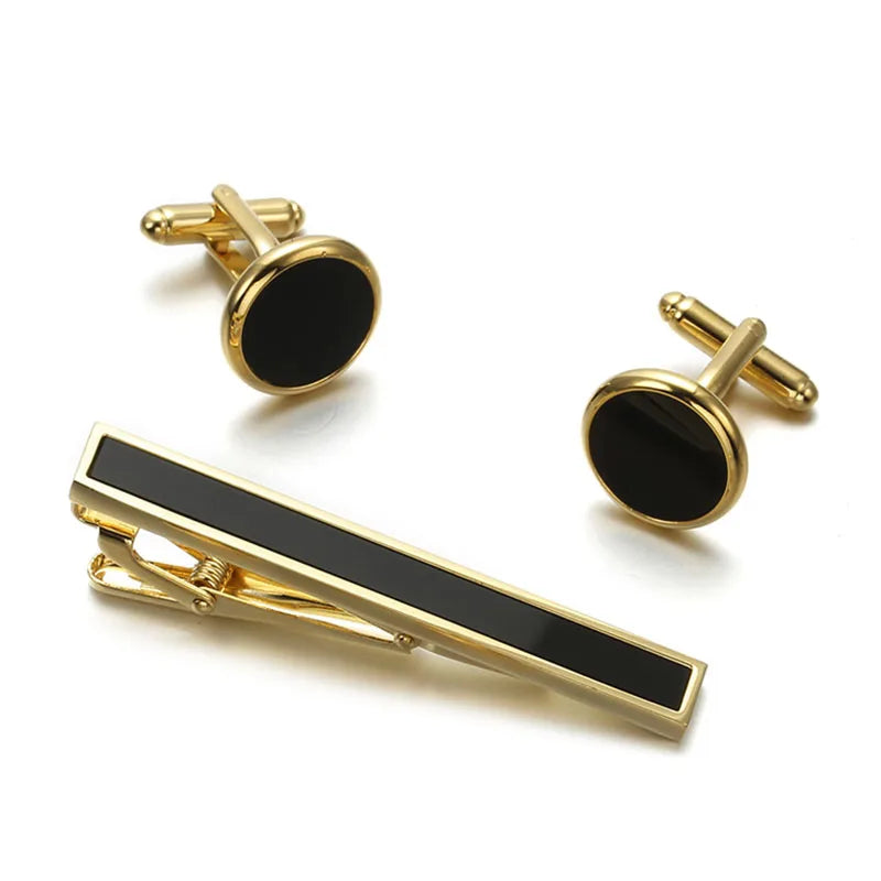 Wholesale Gold Plated Black Agate Stone Cufflinks Tie Clips Custom Mens Suit Shirt Fashion Accessory Wedding Tuxedo Trendy Gift