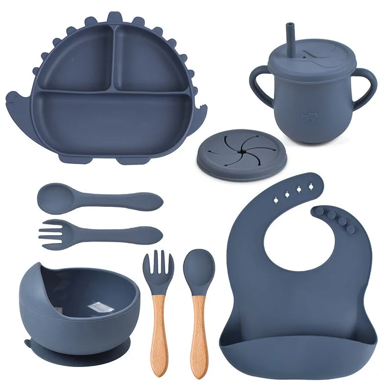 BPA Free Baby Weaning Feeding Set Silicone Divided Suction Plate Bowls Spoon Bib Kids Dining Tableware Set