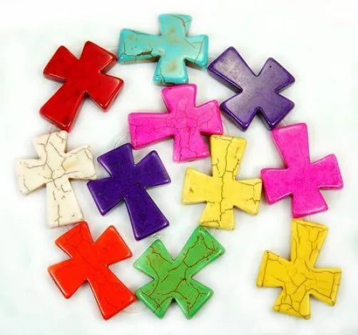 TB0166 Chunky Large Big Multi Colored Colorful Howlite Turquoise Cross Beads