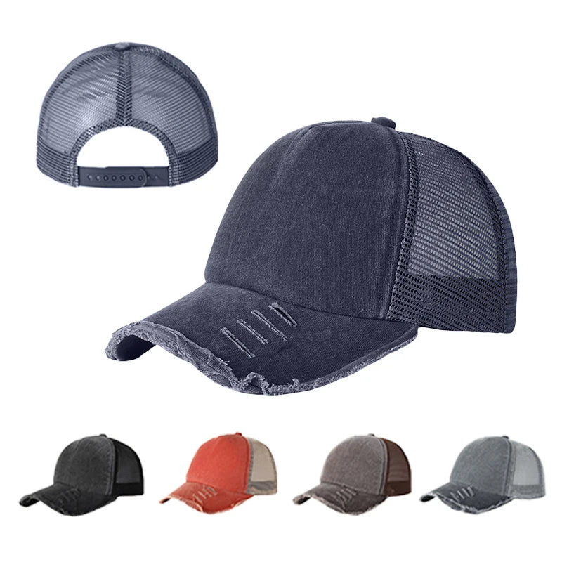 OEM ODM 5 Panel 3D Embroidery Custom Mesh Trucker Hat Baseball Cap Curved Brim Vintage Distressed Hip Hop Sports Cap