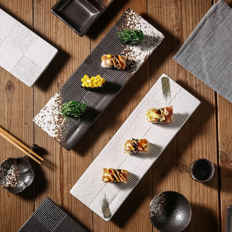 Wholesale Rectangle 12.5 Inch Ceramic Sushi Sashimi Rectangular Dish Retro Long Strip Dessert Flat Plate Restaurant Dinner Plate