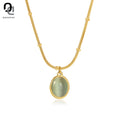 Fashion Gold Plat Stainless Steel Snake Choker Chain Glass Stone Women Oval Opal Cat Eye Pendant Necklace Jewelry