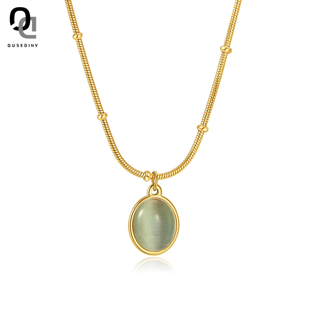 Fashion Gold Plat Stainless Steel Snake Choker Chain Glass Stone Women Oval Opal Cat Eye Pendant Necklace Jewelry
