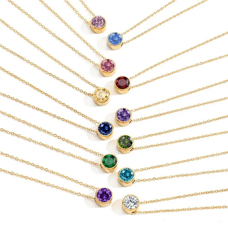 SP Wholesale Zircon Crystal Pendant Necklace Jewelry 14K Gold Plated Stainless Steel Birth Stone Necklace for Women