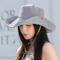 Women's Korean Style Plaid Fisherman Sun Hat with Wide Brim Lace-up Outdoor Mountaineering Summer Travel Sunscreen Hat