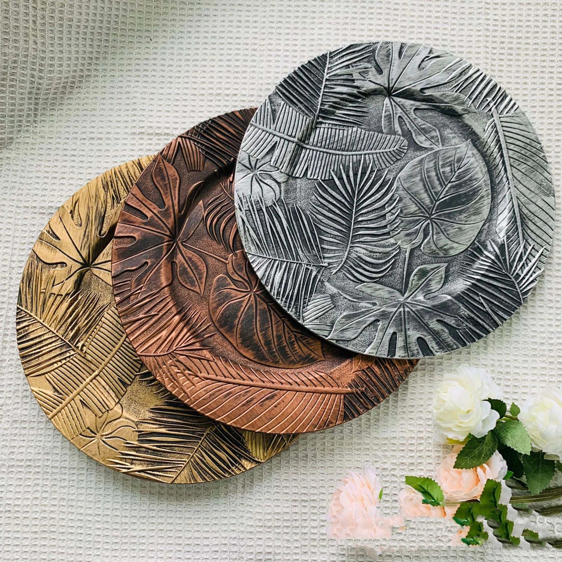 Gold Silver Bronze Vintage Print Distressed Platters Fruit Bowl Tray Decorative Charger Plates Photography Props for Products