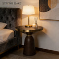 Black Water-pattern leather Top Walnut Color Base Modern Coffee Side Table Metal Base Round Bedroom Bed Side Coffee Tables