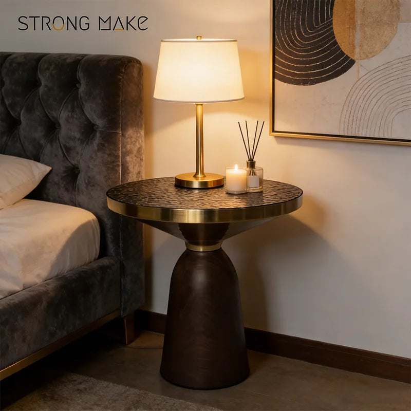 Black Water-pattern leather Top Walnut Color Base Modern Coffee Side Table Metal Base Round Bedroom Bed Side Coffee Tables