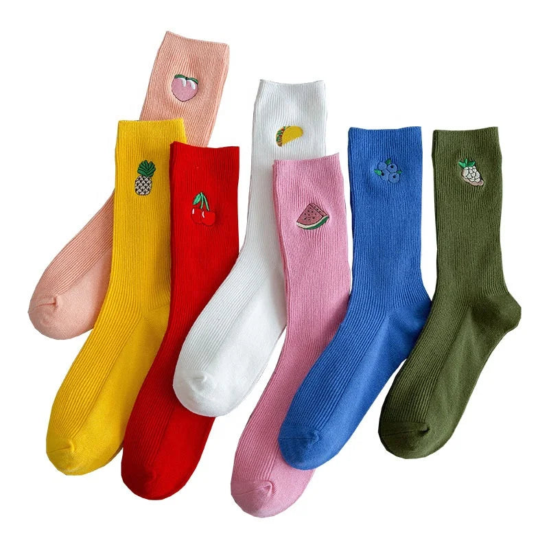 Wholesale Funny Cherry Avocado Fruit Logo Embroidered Socks Fashion Casual Basic Cotton Pile Socks for Women