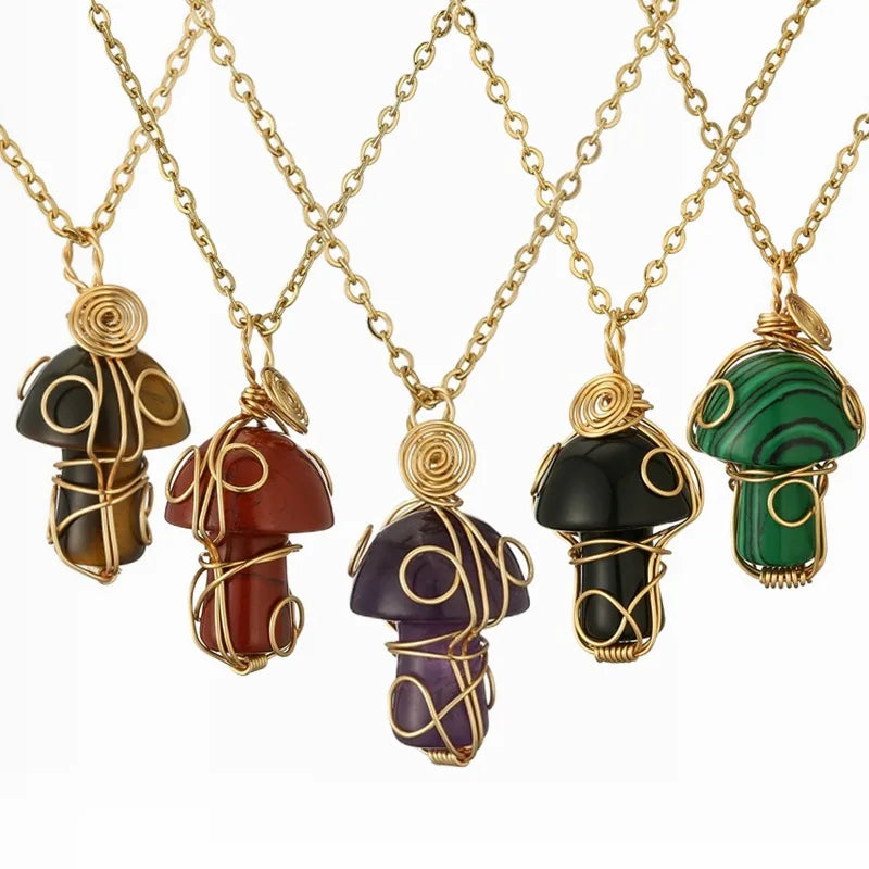MIENTER Fashion Natural Gem Stone Quartz Healing Crystal Stone Amethyst Mushroom Pendant Charms for Jewelry Making Necklace