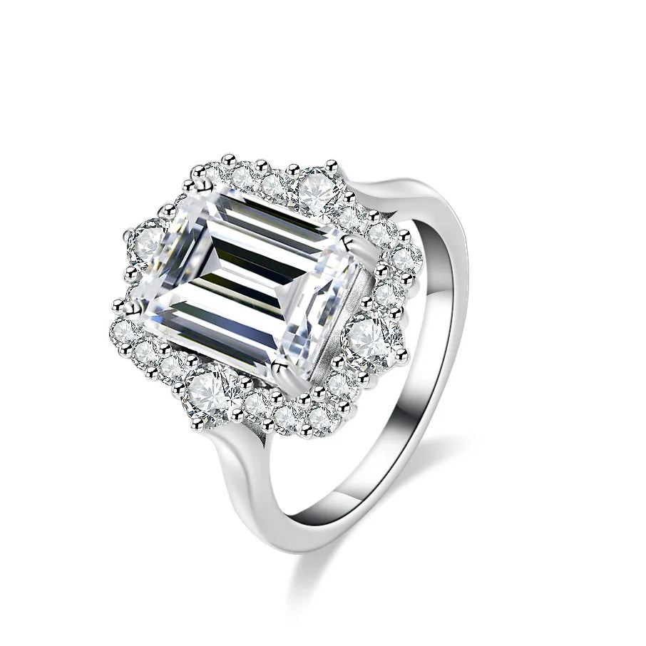 Silver 925 Original  4 Carat Emerald Cut Pass Diamond Test D Color Rectangle Moissanite Wedding Ring with GRA Certificate