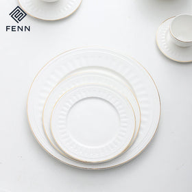 FENN Hot Sale 3 Sizes Porcelain Plates Round Shallow Ceramic Plate Dish With Gold Rim