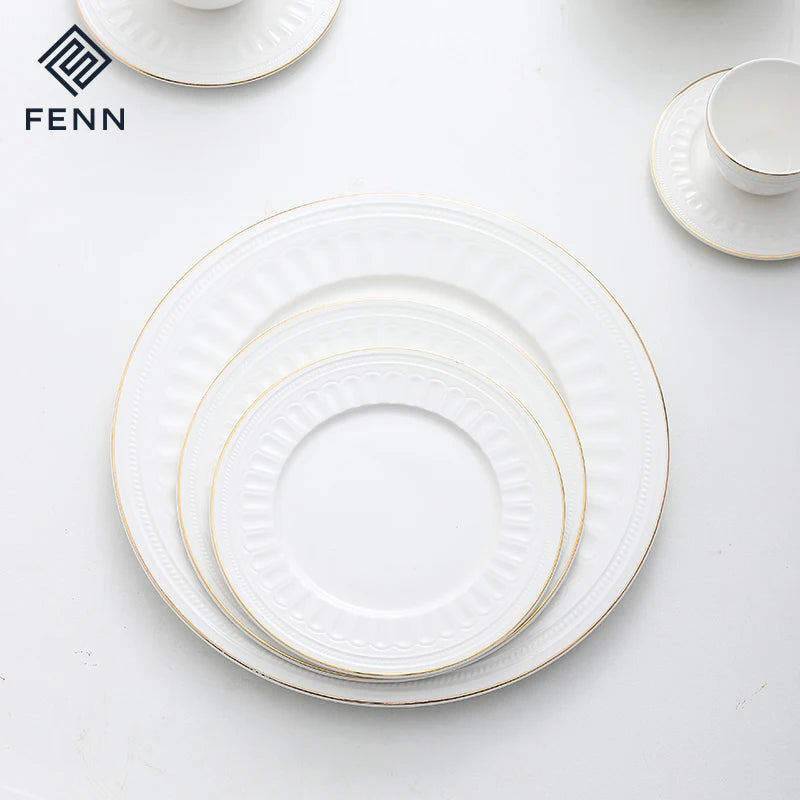 FENN Hot Sale  3 Sizes Porcelain Plates Round Shallow Ceramic Plate Dish With Gold Rim